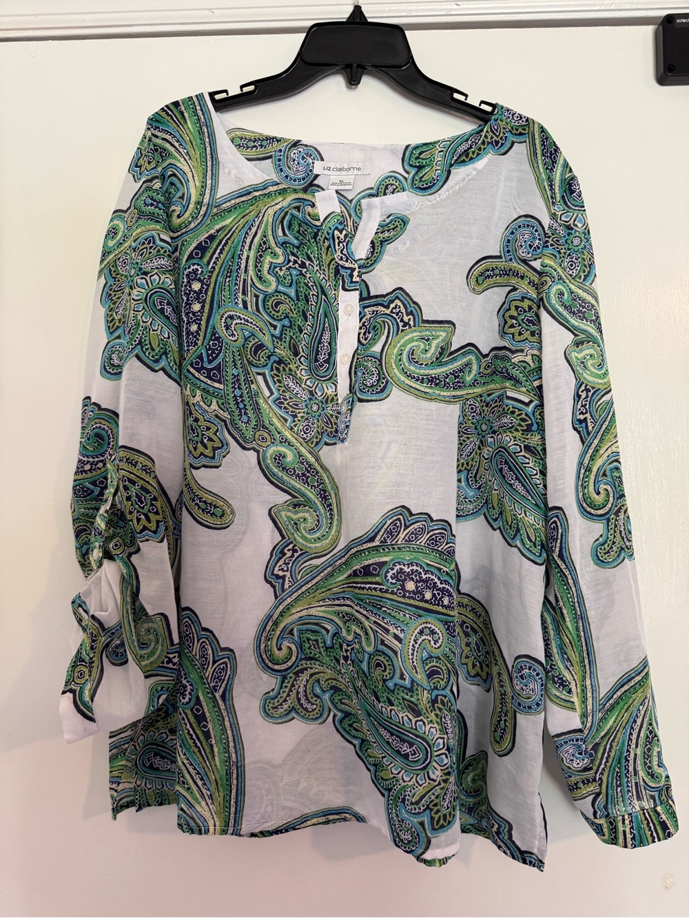 Liz Claiborne White Tunic with Green & Blue Paisley